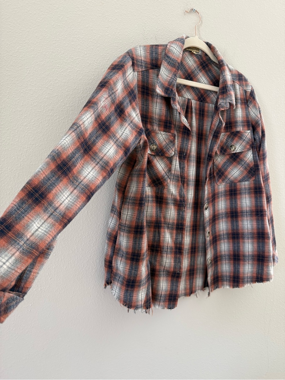 Democracy Plaid Button Down Flannel in Rust and Navy Raw Hem Medium - Picture 2 of 5